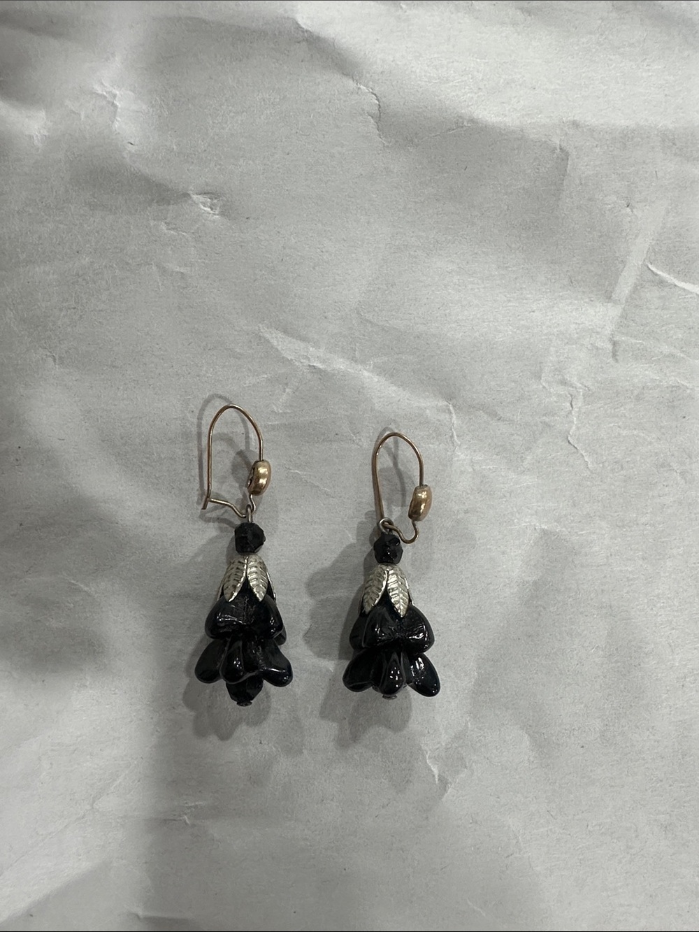Vintage Victorian Revival black glass trumpet flower dangle earrings